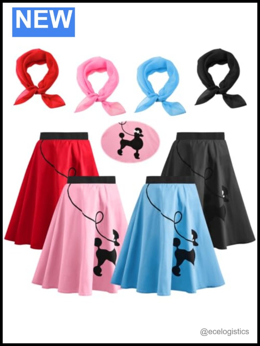 4 Pcs 1950s Poodle Skirt Set Retro Swing Dress High Waist with Scarves